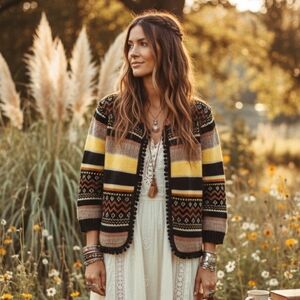 Bohemian Geometric Knit Cardigan XL - Pom Pom Trim Open Front